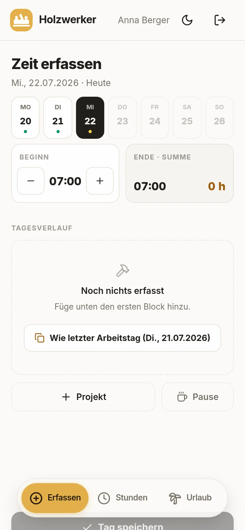 Zeit erfassen am Handy — Tagesverlauf mit Projekten und Pausen