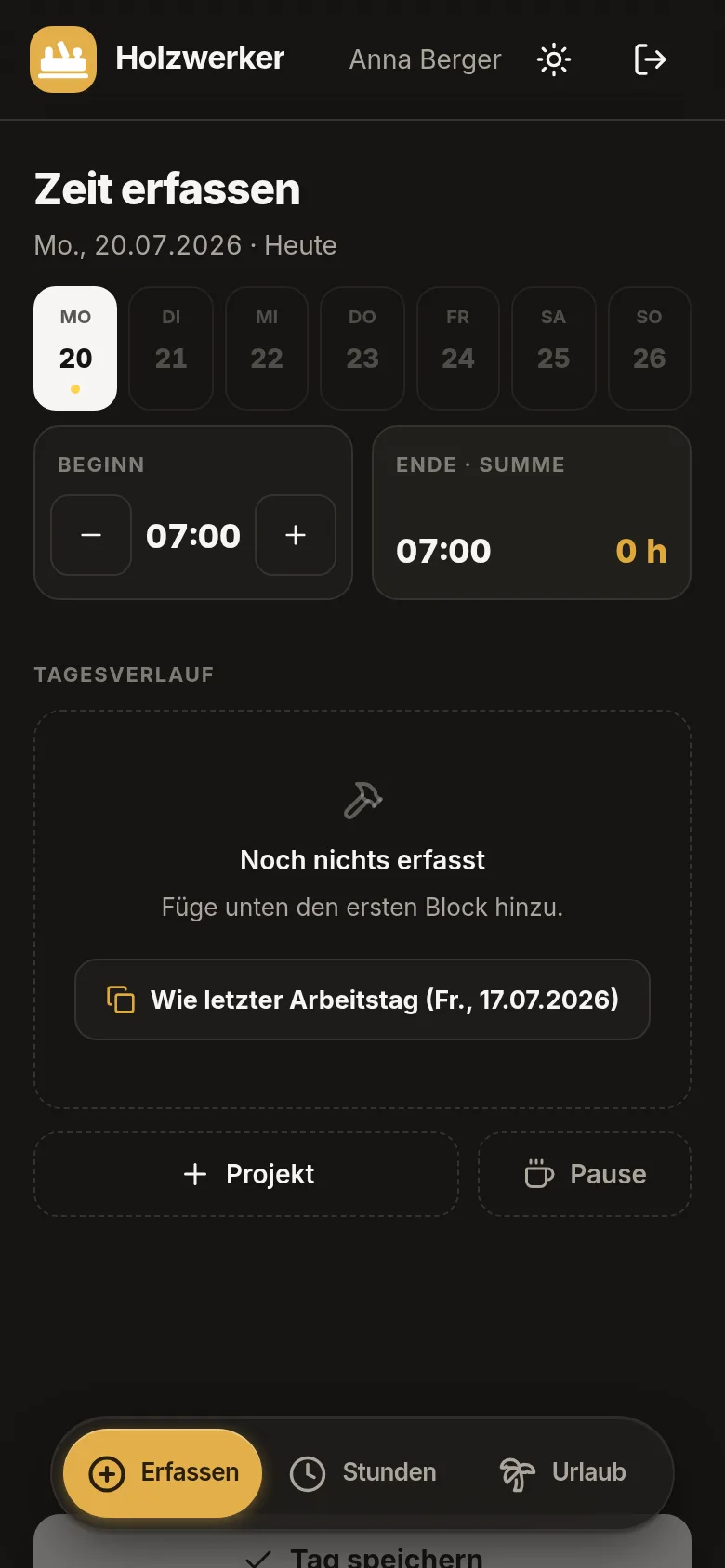 Holzwerker am Handy — Zeit erfassen