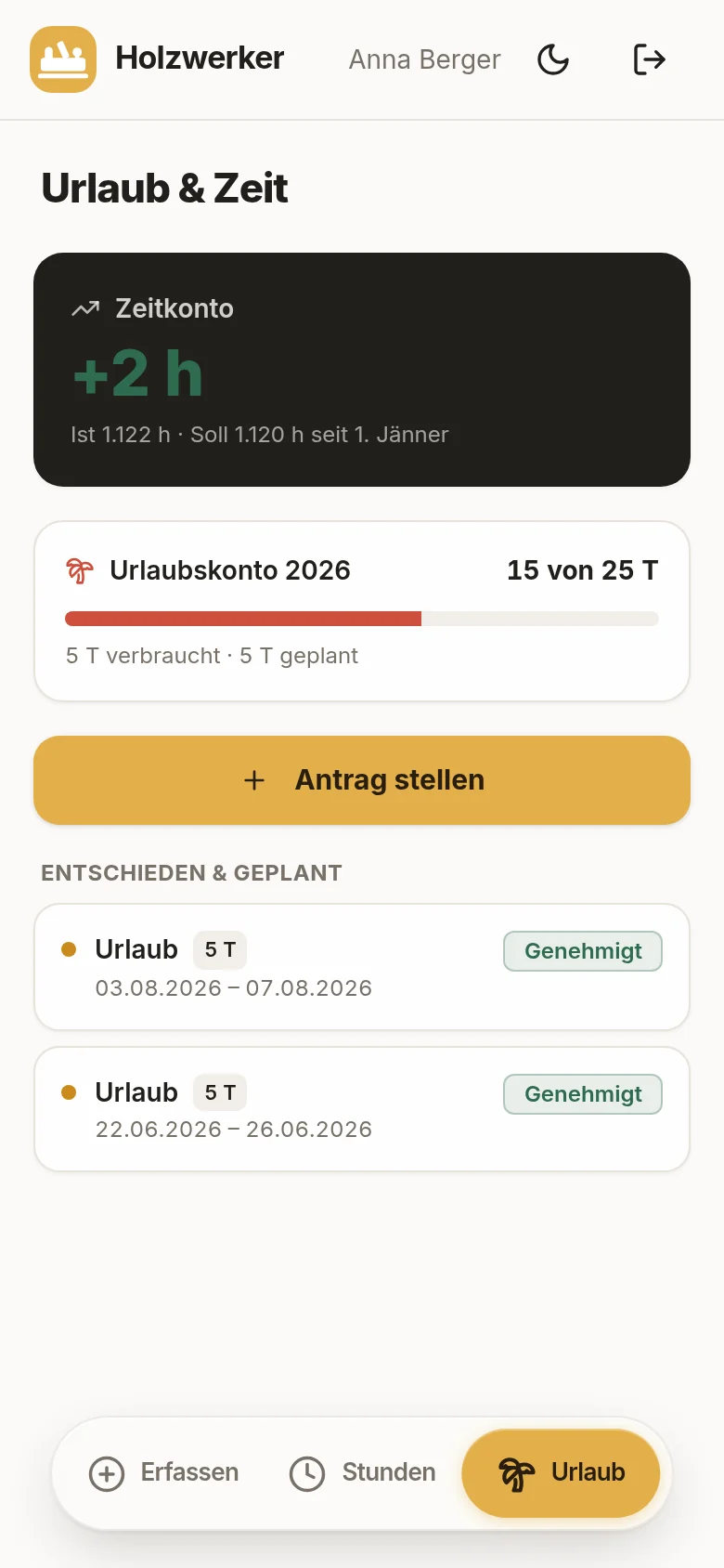 Urlaub und Zeitkonto am Handy
